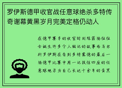 罗伊斯德甲收官战任意球绝杀多特传奇谢幕黄黑岁月完美定格仍动人 罗伊斯德甲收官战任意球绝杀多特传奇谢幕黄黑岁月完美定格仍动人