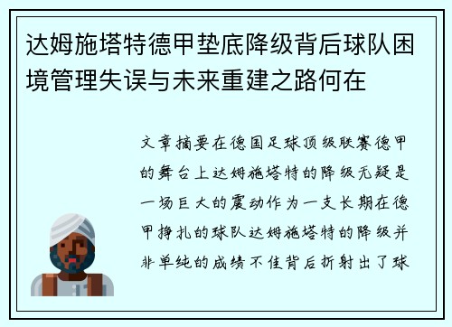 达姆施塔特德甲垫底降级背后球队困境管理失误与未来重建之路何在 达姆施塔特德甲垫底降级背后球队困境管理失误与未来重建之路何在